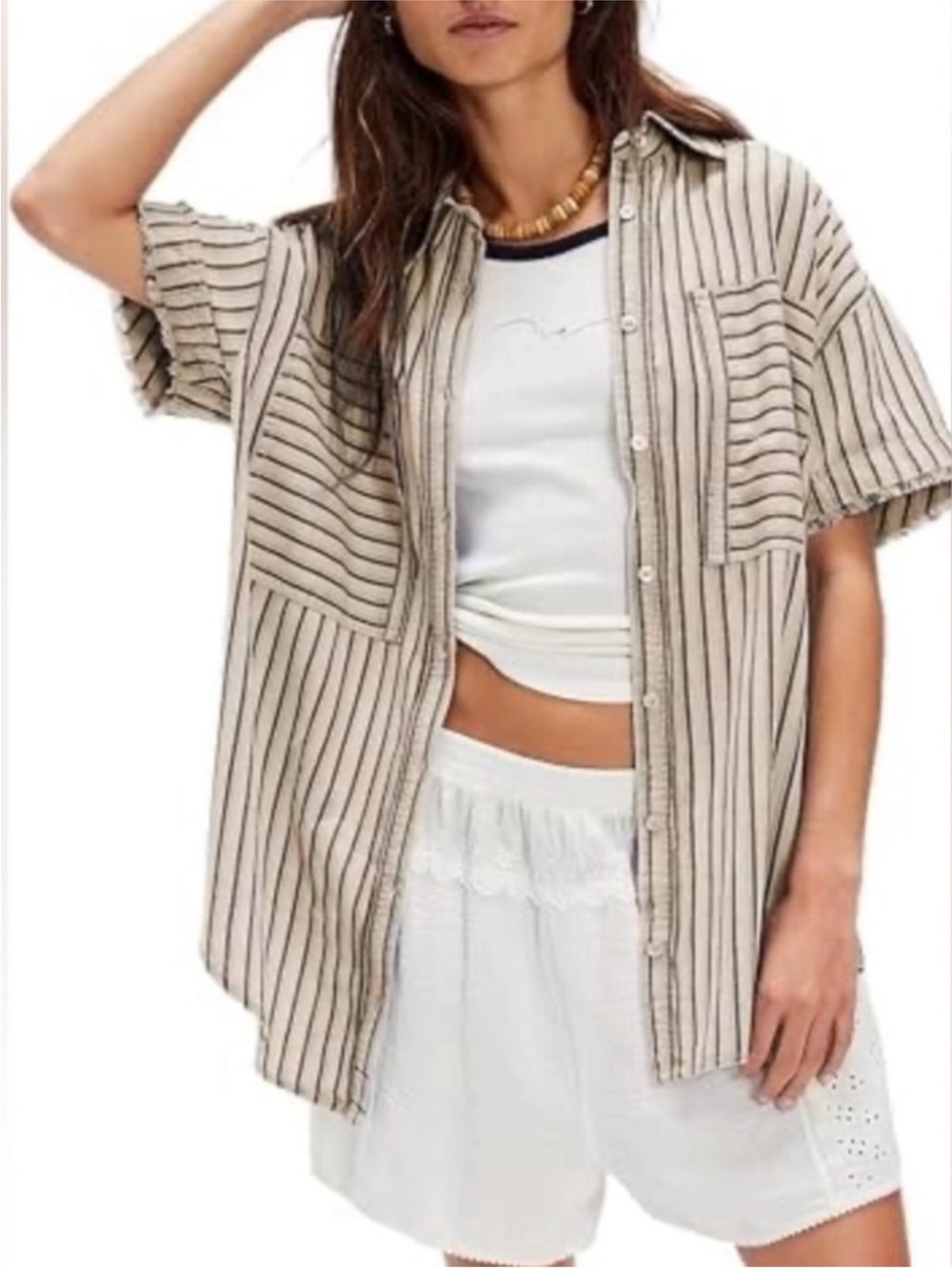 We the Free Free People Christopher linen shirt Tan/Grey Small - Picture 1 of 7